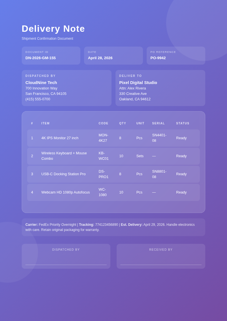 Glassmorphism modern delivery note